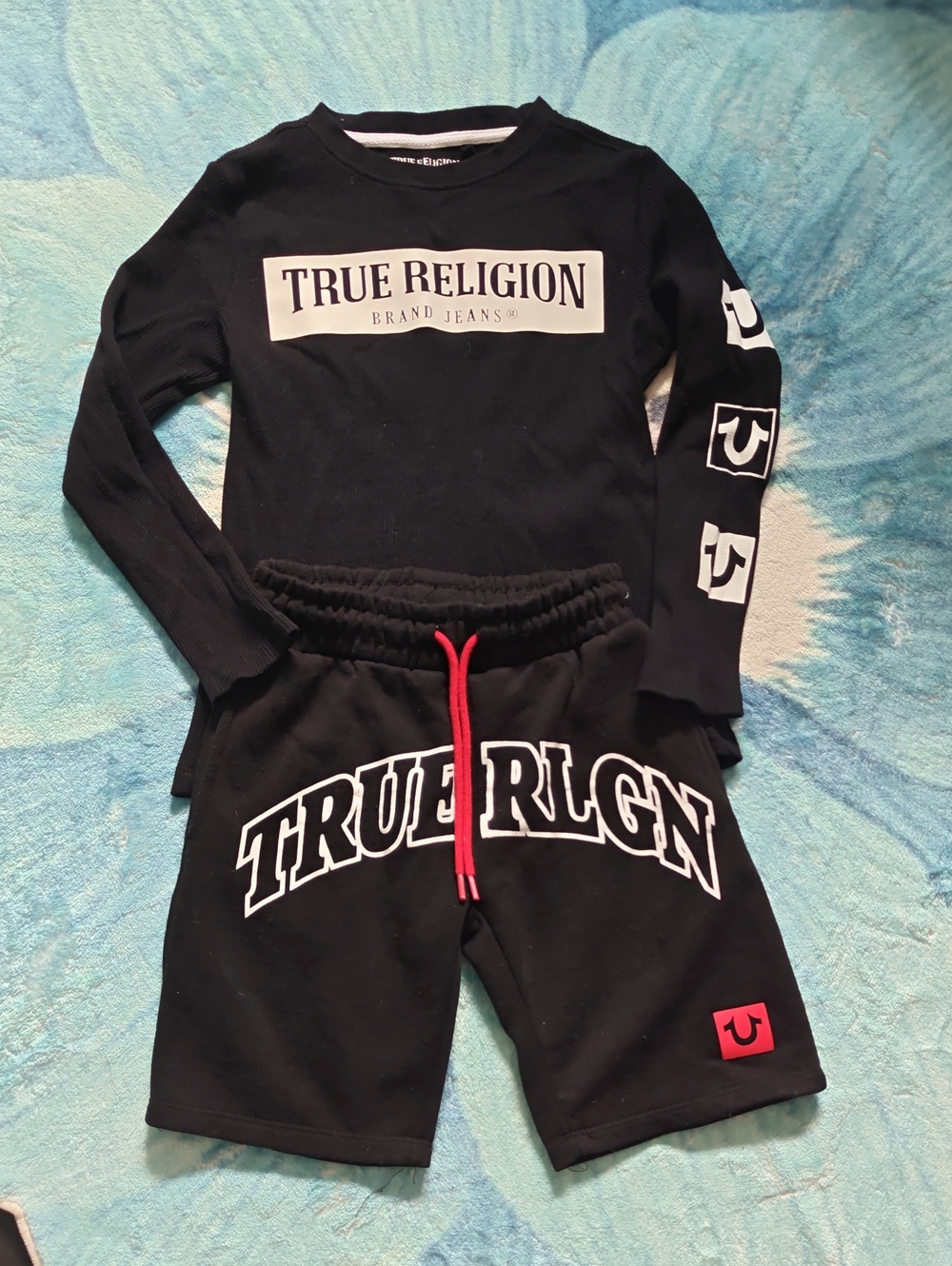 True Religion Kids Black Pajama Set with White Logos and Red Drawstring